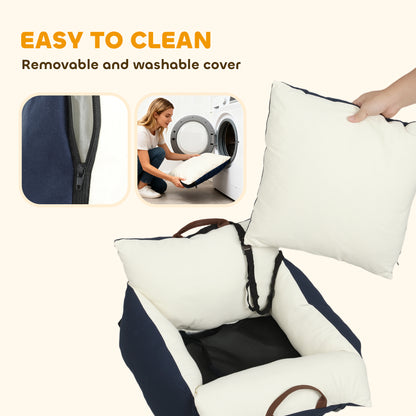 Dog Car Seat, Cosy Pet Car Booster Seat for Small Dog Under 5 KG, Portable Travel Bed with Safety Belts, Navy Blue