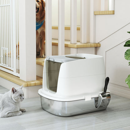Large Stainless Steel Litter Box, Enclosed Metal Cat Litter Tray with Scoop, Deodoriser Bag, Front-Entry and Top-Exit