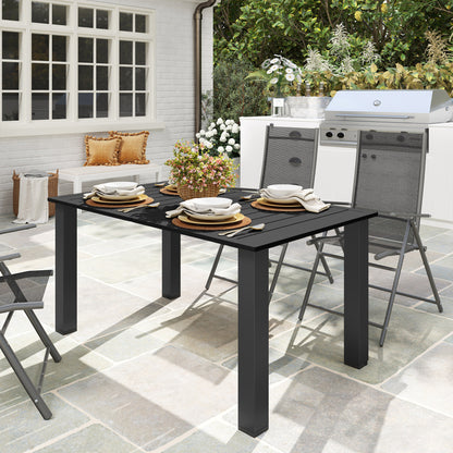 Garden Dining Table for 6 with Parasol Hole, Rectangle Outdoor Garden Table with Slatted Metal Top, Steel Frame, Black