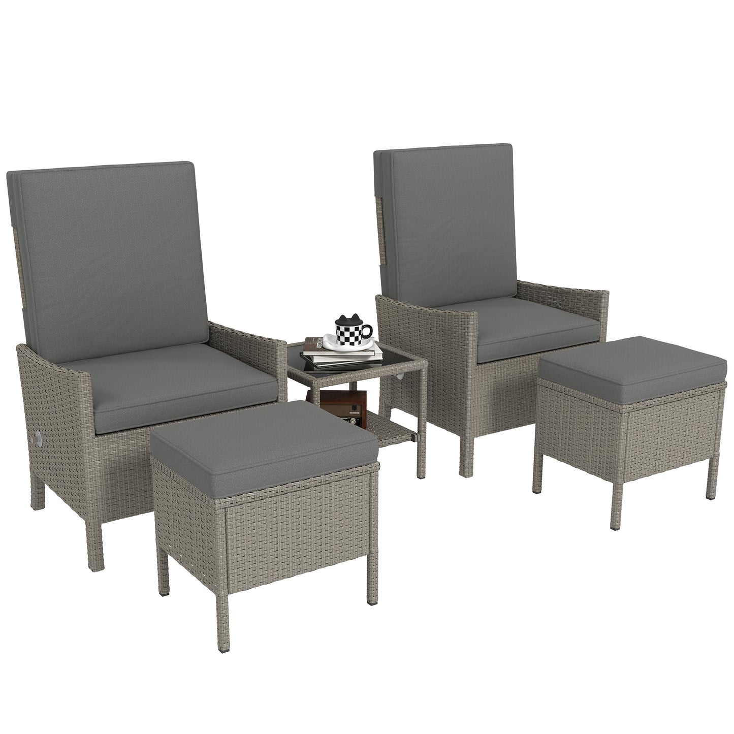 5 Piece Rattan Garden Furniture Set, Wicker Patio Sofa Set with 2 Armchairs, 2 Footstools, Glass Top Coffee Table with Shelf