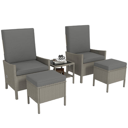5 Piece Rattan Garden Furniture Set, Wicker Patio Sofa Set with 2 Armchairs, 2 Footstools, Glass Top Coffee Table with Shelf