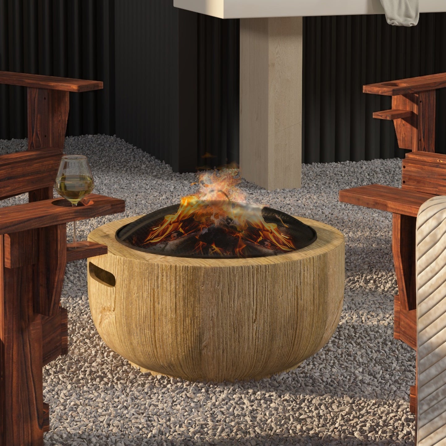 Outdoor Fire Pit, 61.5 cm Metal Wood Burning Fireplace with Spark Cover, Poker, Woodgrain Design