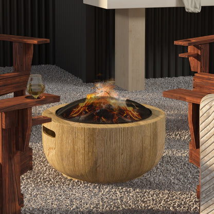 Outdoor Fire Pit, 61.5 cm Metal Wood Burning Fireplace with Spark Cover, Poker, Woodgrain Design
