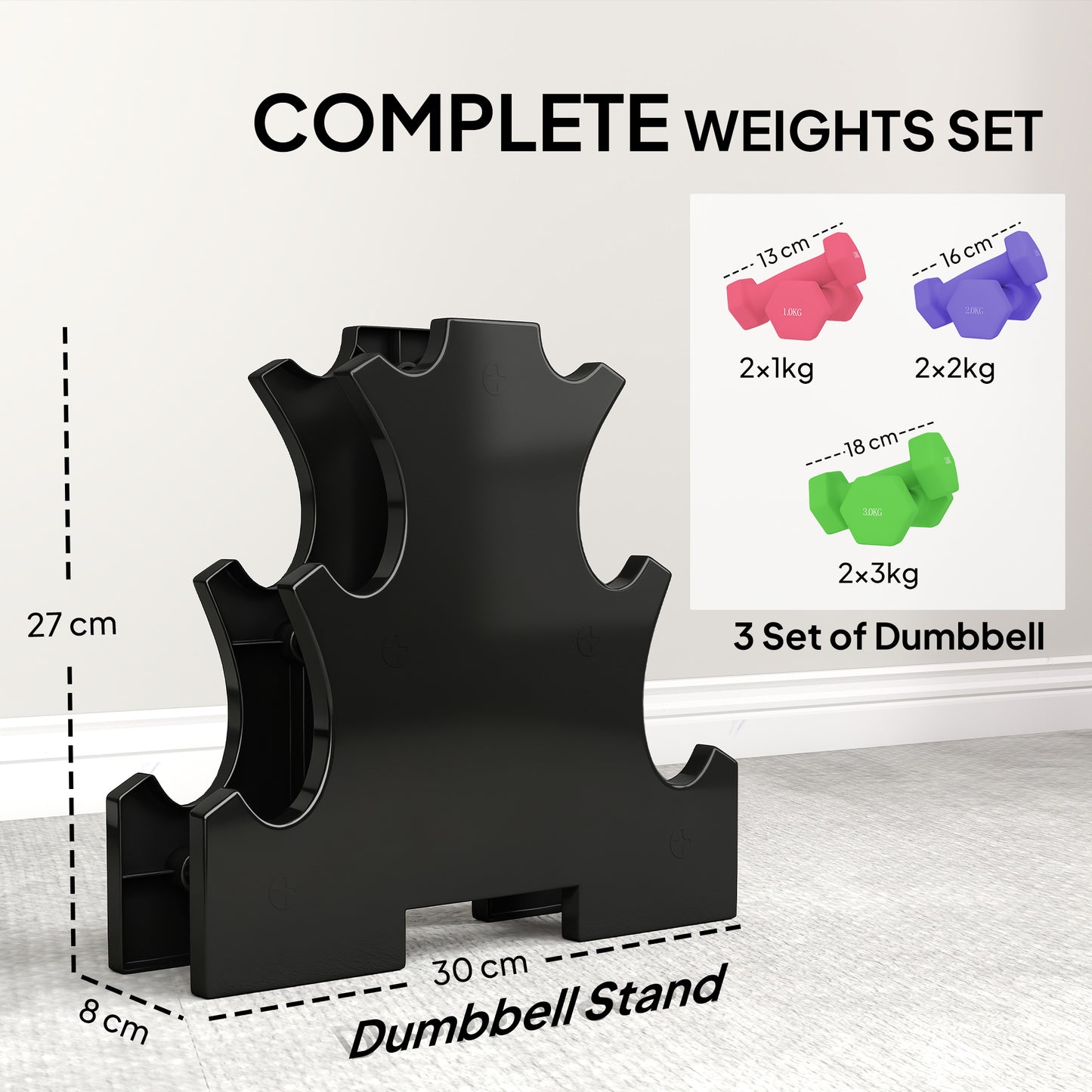 Hex Dumbbells Set with Dumbbell Rack, Hand Weights for Strength Training Weight Lifting, 2 x 1kg, 2 x 2kg, 2 x 3kg