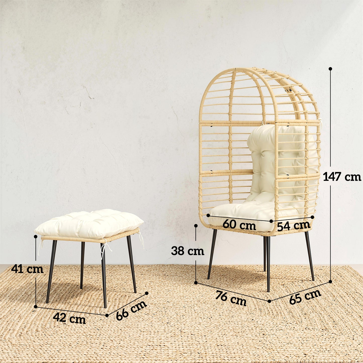Garden Egg Chair with Footstool, Rattan Indoor Outdoor Lounge Chair and Ottoman Set with Thick Cushions, Beige
