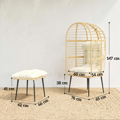 Garden Egg Chair with Footstool, Rattan Indoor Outdoor Lounge Chair and Ottoman Set with Thick Cushions, Beige