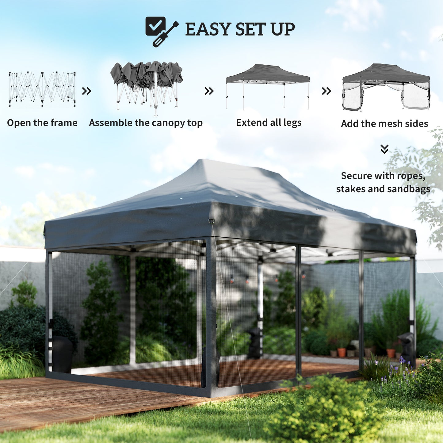 3 x 4.5 m Pop Up Gazebo with Mesh Nettings, UPF50+ Heavy Duty Outdoor Garden Party Tent Marquee, Dark Grey