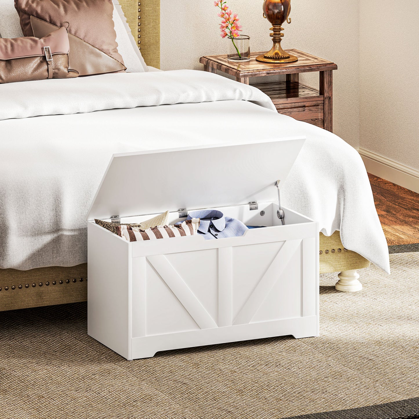 100L Home Storage Box, with Safety Hinge - White Wood-Effect