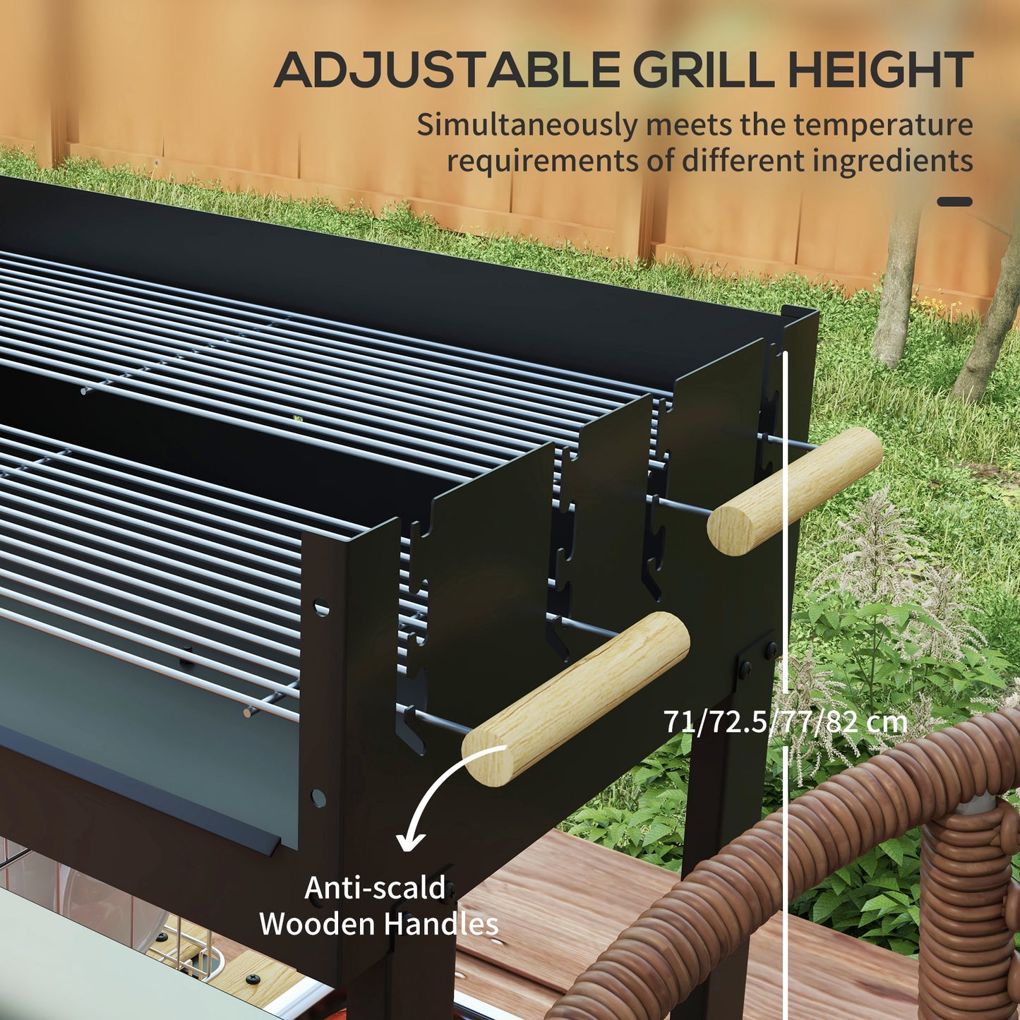 Charcoal BBQ Grill, Barbecue Trolley with Double Adjustable Grill, Side Table