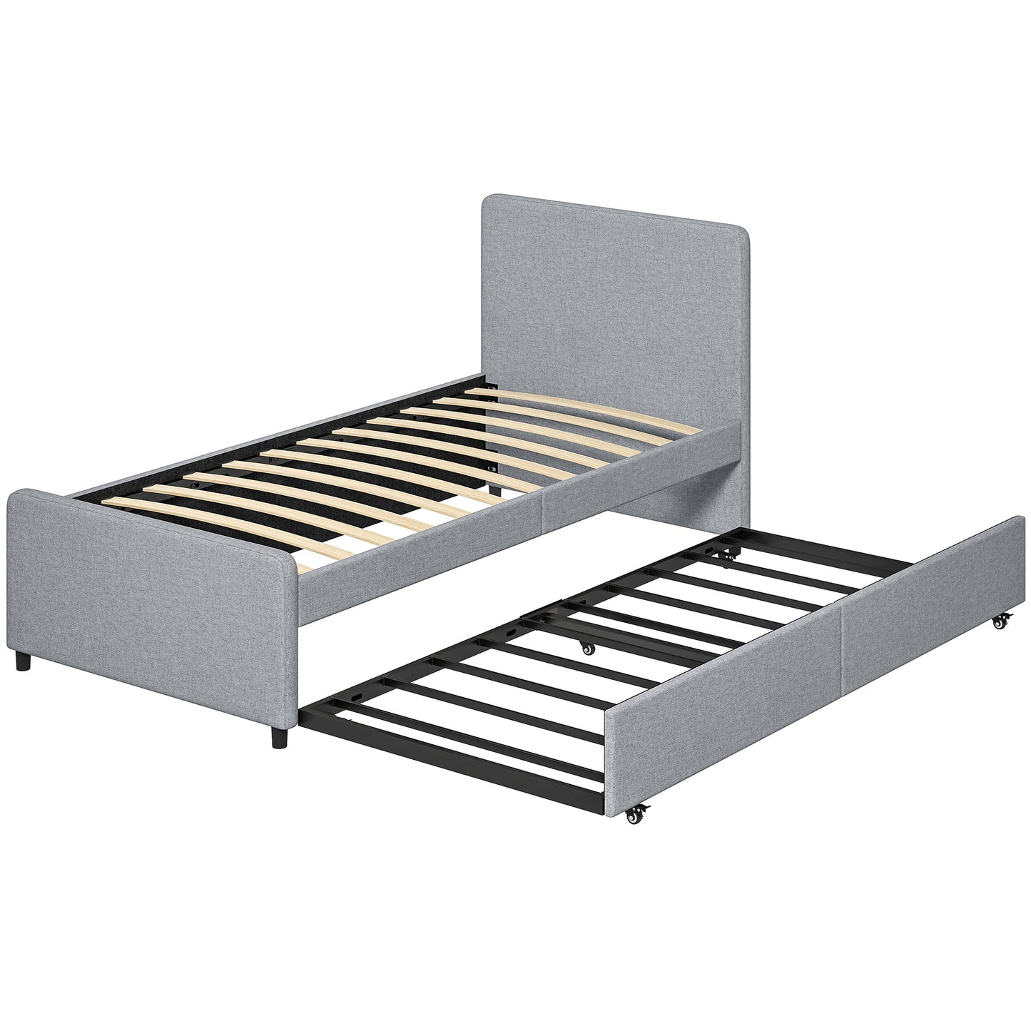 3ft Single Bed Frame with Trundle, Upholstered Pull Out Trundle Bed with Headboard and Footboard, Light Grey