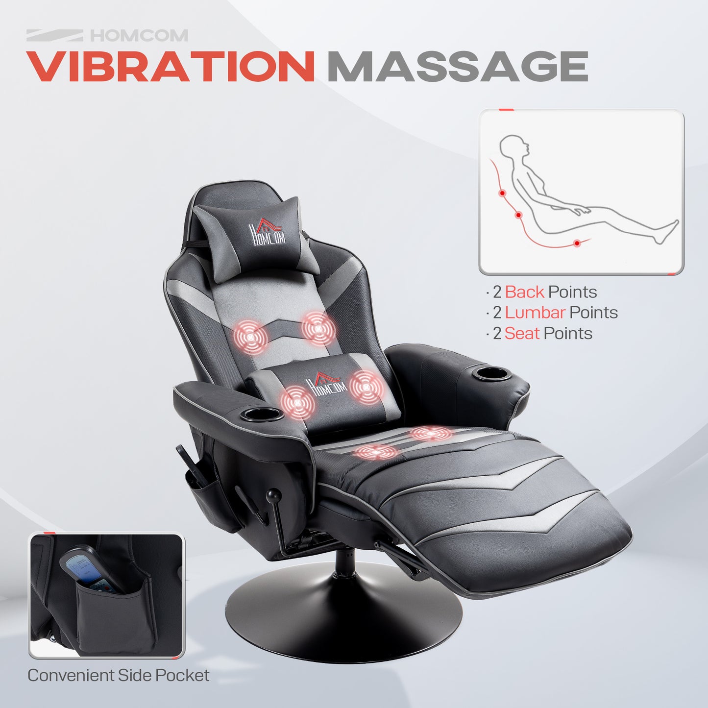 Small Leather Massage Recliner Chair with Ergonomic High Back Retractable Footrest Headrest Work Break Grey