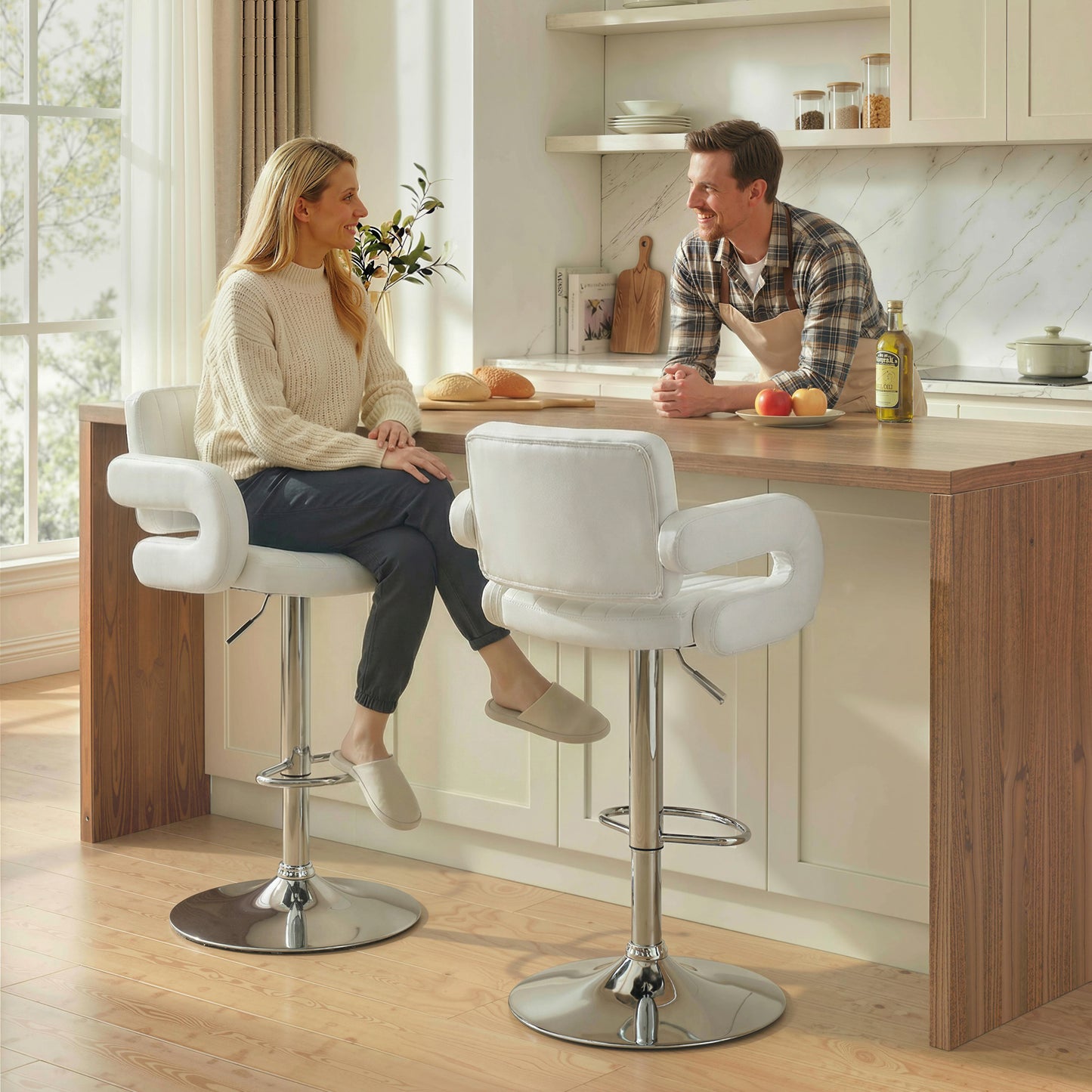 Bar Stools Adjustable Swivel Kitchen Chairs with Backrest Armrest Set of 2 PU Leather White