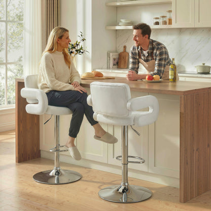 Bar Stools Adjustable Swivel Kitchen Chairs with Backrest Armrest Set of 2 PU Leather White