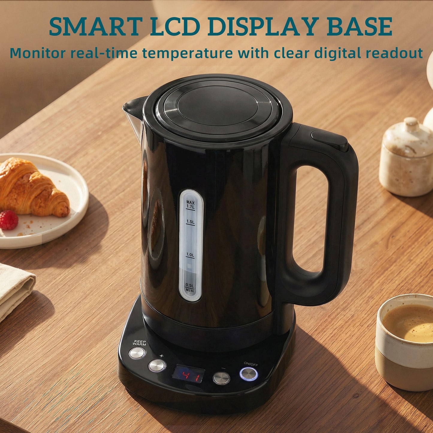 Electric Kettle, 1.7L, Fast Boil, 3kW Water Kettle with UK Strix Thermostat, Keep Warm Function, LCD Base, Black