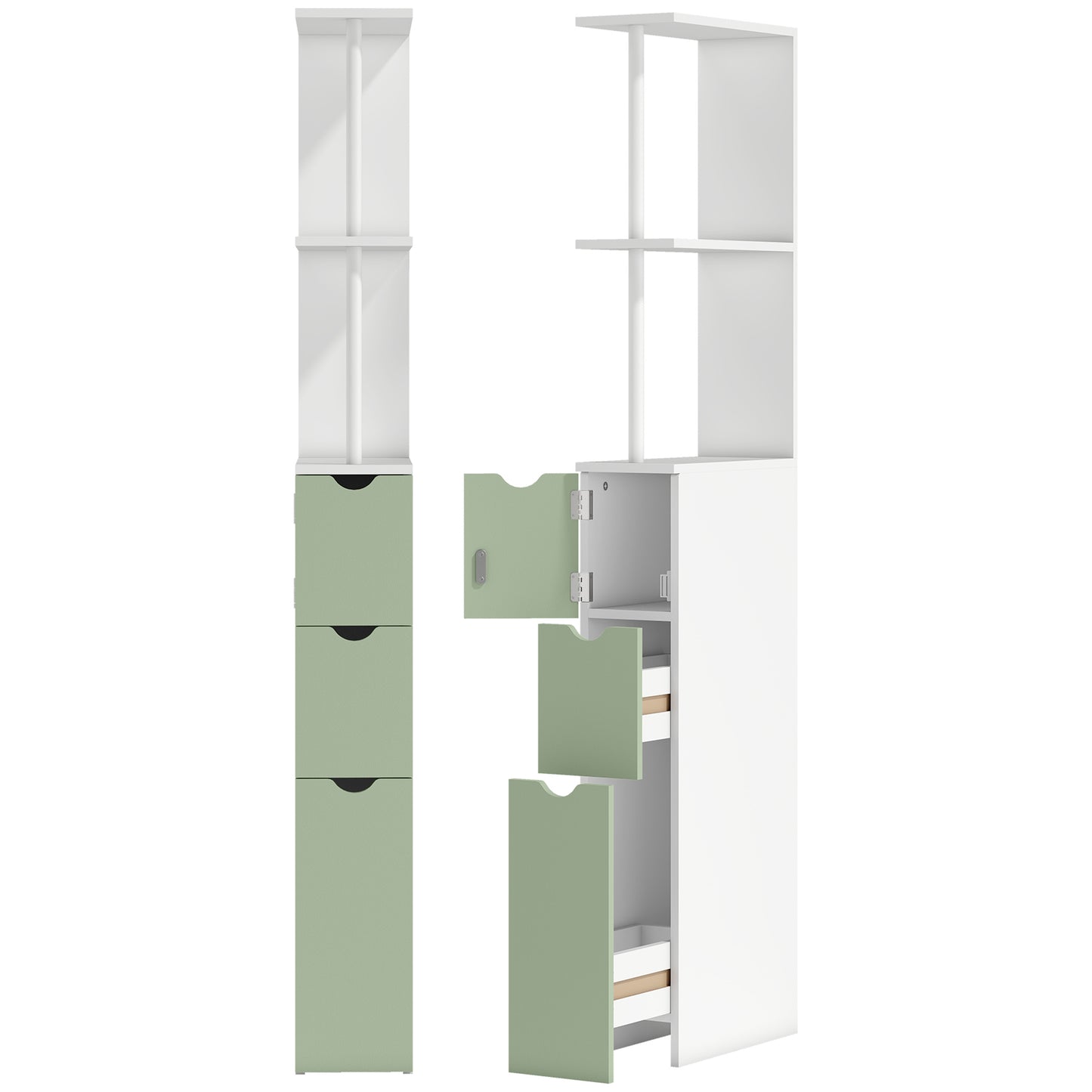 Slim Bathroom Storage Cabinet, Tall Bathroom Floor Cabinet with 2-Tier Shelf and 2 Drawers, White and Light Green