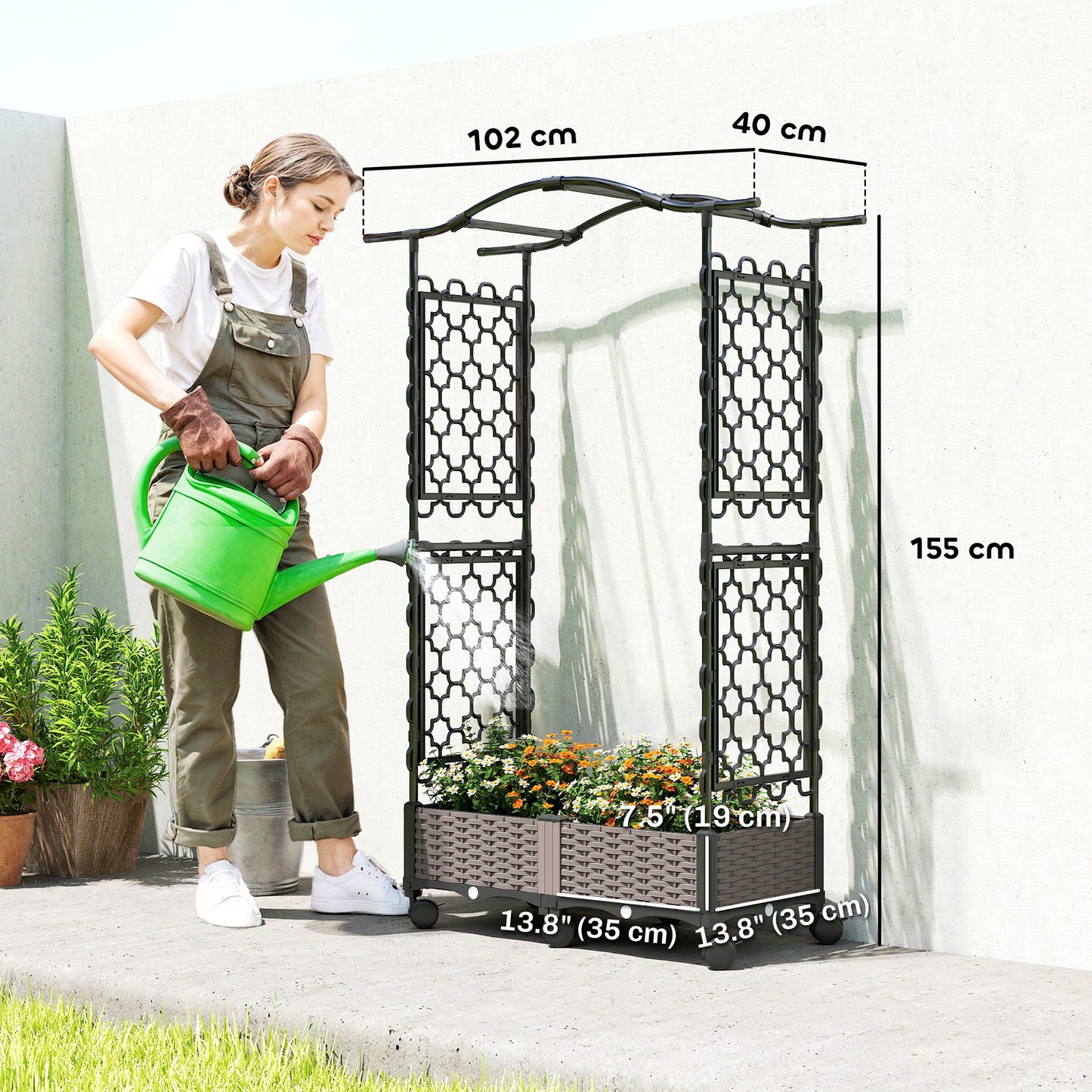 Raised Garden Bed with Arch Trellis, Raised Bed for Garden on Wheels with Side Trellis, Self Watering Planter Box