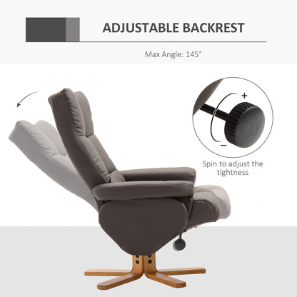 PU Leather Swivel Recliner Chair with Footstool, Wooden Base and Storage for Living Room, Brown