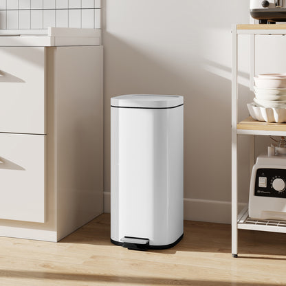 30L Kitchen Bin, Compact Pedal Bin with Soft-Close and Stay-Open Lid, Removable Bucket for Kitchen, Home, Office, White