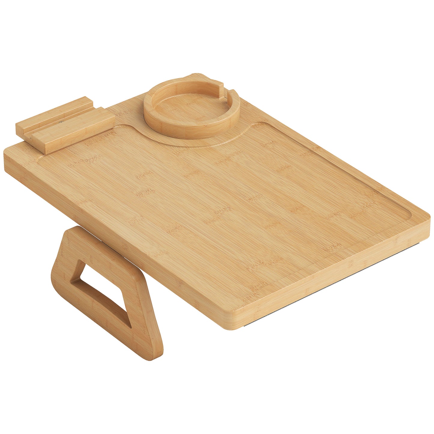 Anti-Slip Sofa Armrest Tray, Bamboo Sofa Arm Tray with 360° Phone Holder and Removable Cup Holder, Natural