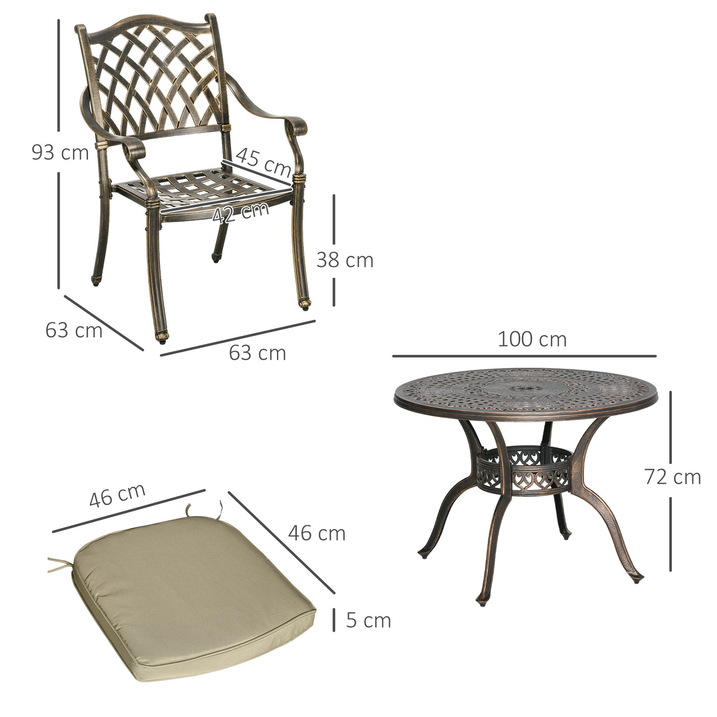 4 Seater Outdoor Dining Set Antique Cast Aluminium Garden Furniture Set with Cushions Round Dining Table with Parasol Hole