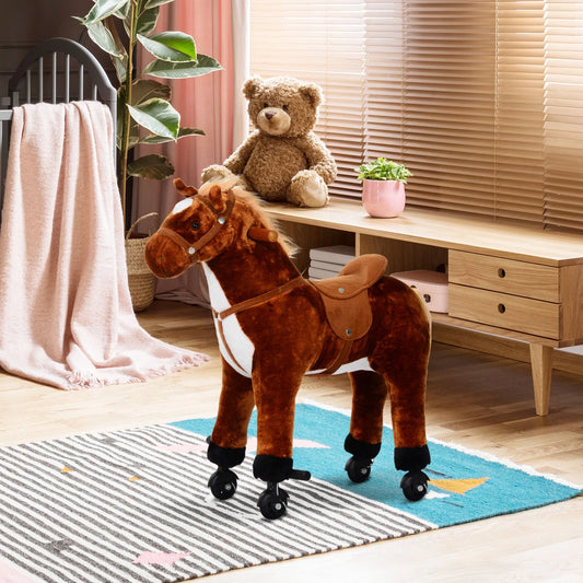 Plush Walking / Ride on Horse Toy with Wheels and Sounds - Brown