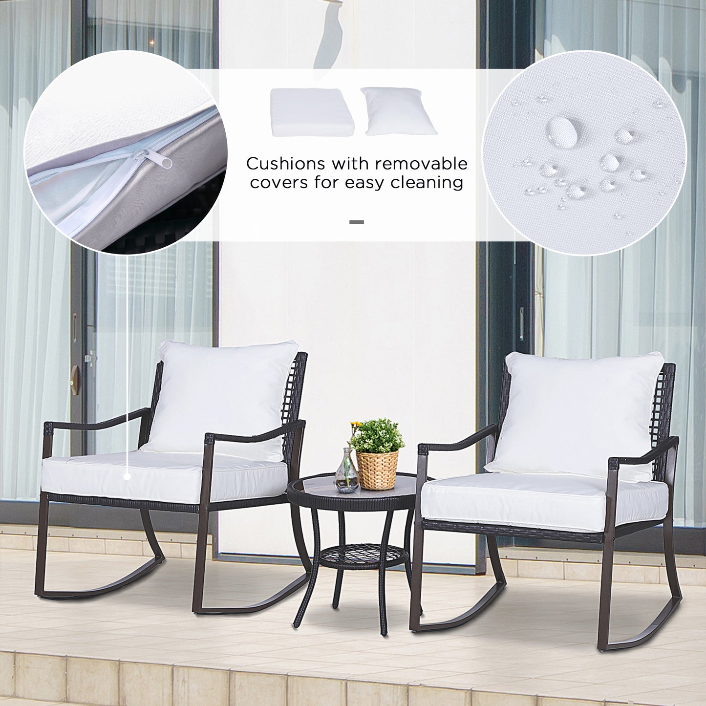 Rattan Bistro Set, 3 Pieces Wicker Garden Furniture Set with Rocking Chairs and Round Glass Top Coffee Table