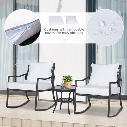 Rattan Bistro Set, 3 Pieces Wicker Garden Furniture Set with Rocking Chairs and Round Glass Top Coffee Table