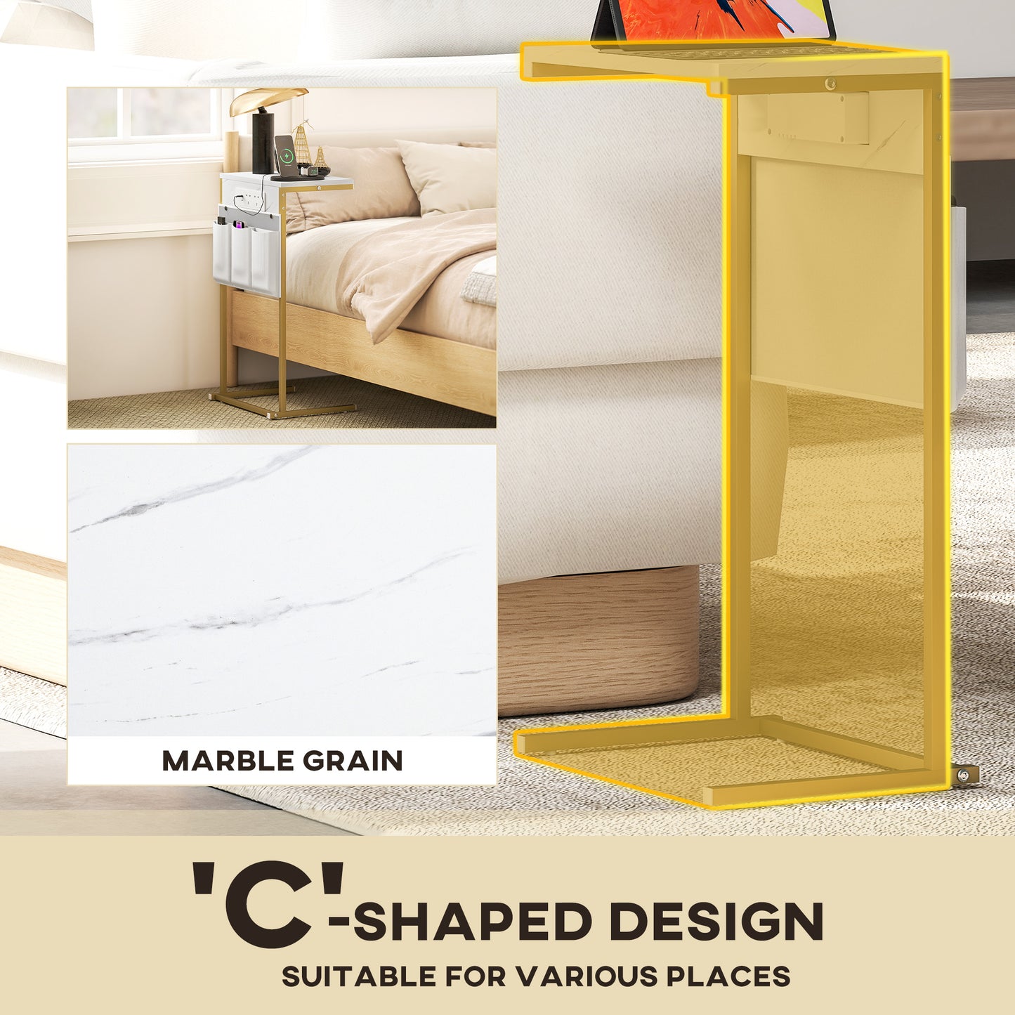 C-Shaped Bedside Table with Charging Station, Marble Grain Side Table with Power Outlets & USB Ports, Storage Bags