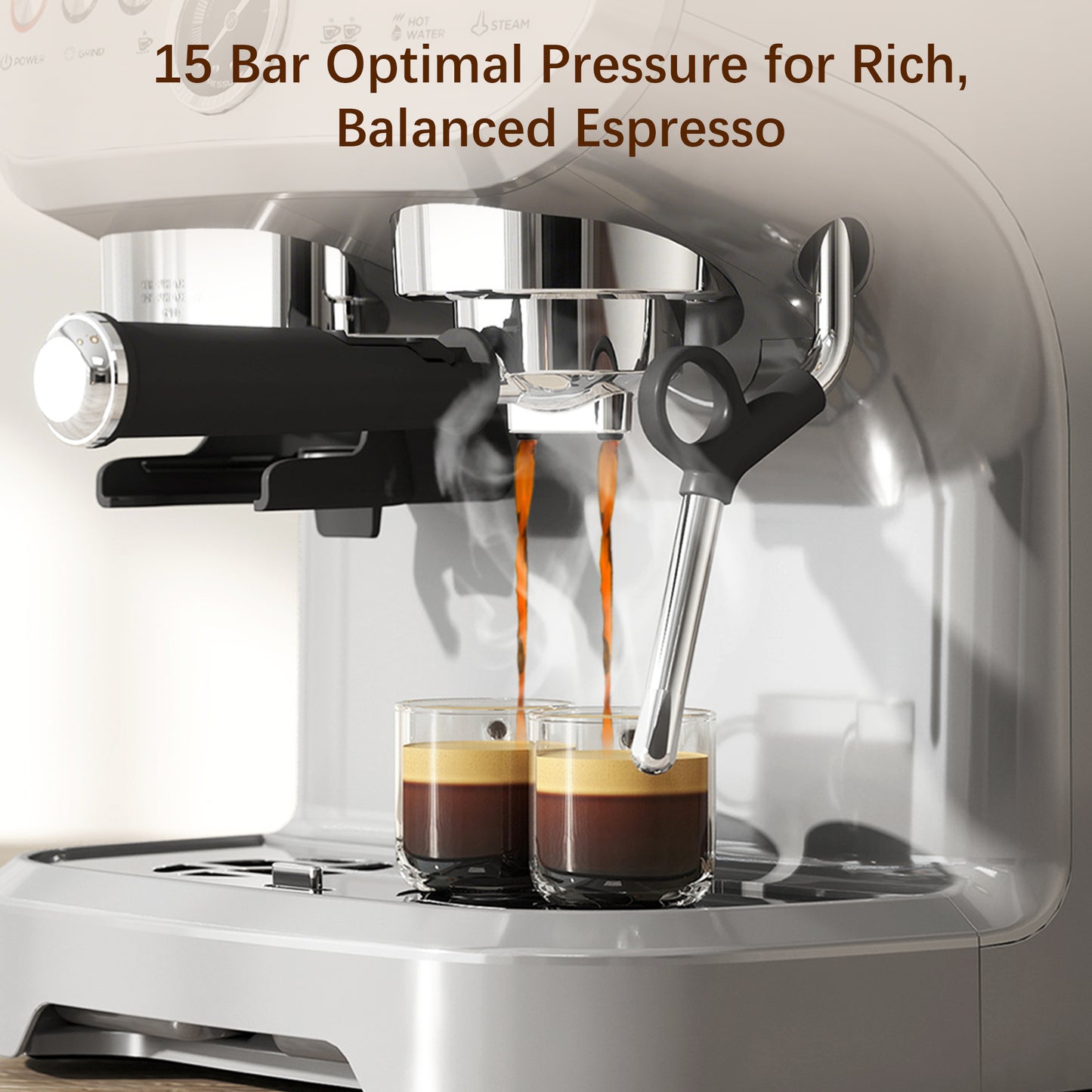 15 Bar Coffee Machine with 15 Adjustable Grind Setting, Steamer and Complete Kit - Silver Colour