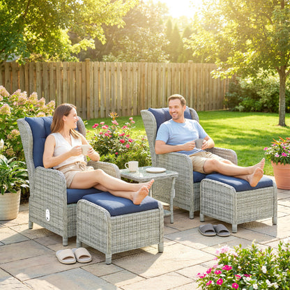 5 Piece Garden Furniture Set, Rattan Reclining Garden Chair Set of 2 with Footstool and Cushion for Balcony, Dark Blue