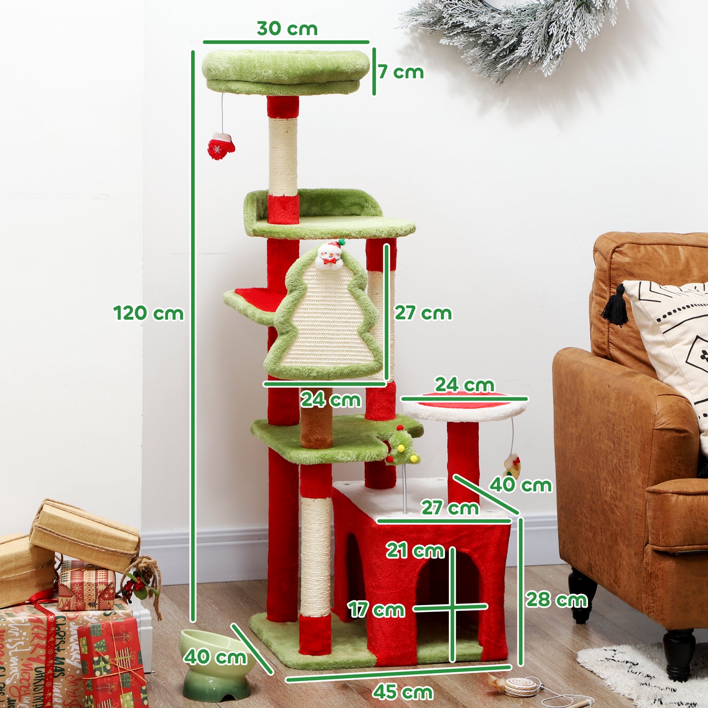 Cat Tree, 120cm Christmas Cat Tower with 3 Scratching Posts, Scratching Board, 2 Perches, Platforms, Toys, Green