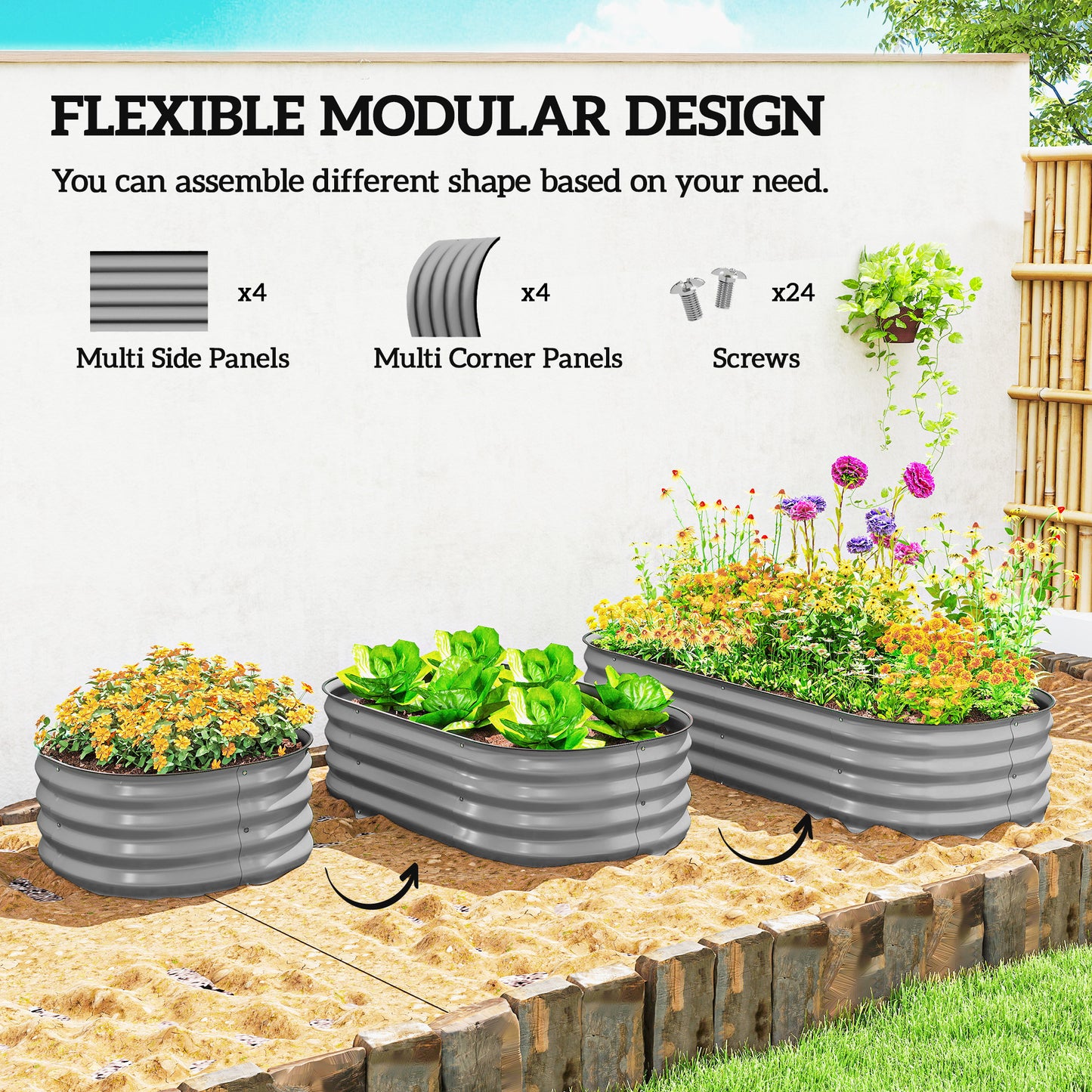 Galvanised Raised Garden Bed, Metal Planter Box with Safety Edging, for Flowers, Herbs, Succulents, Silver