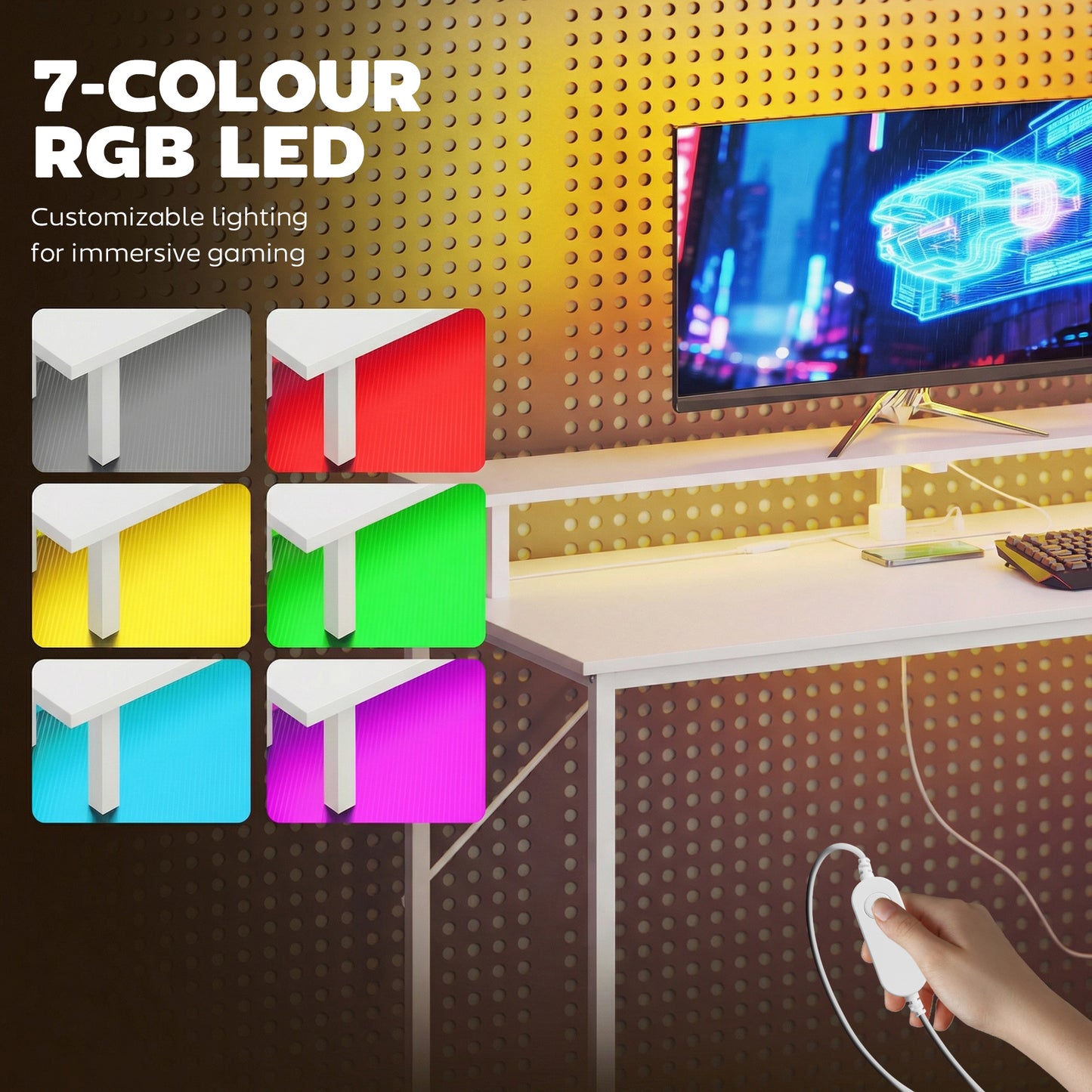 147cm Gaming Desk with Charging Station and Monitor Stand, Computer Table for Home Office with RGB Lights, White