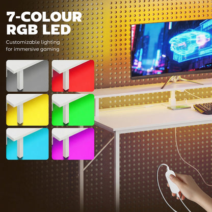 147cm Gaming Desk with Charging Station and Monitor Stand, Computer Table for Home Office with RGB Lights, White
