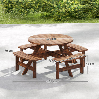 Wooden Garden Dining Set, 8 Seater Patio Furniture Set with Round Picnic Table, Parasol Hole for Outdoor Garden, Tan
