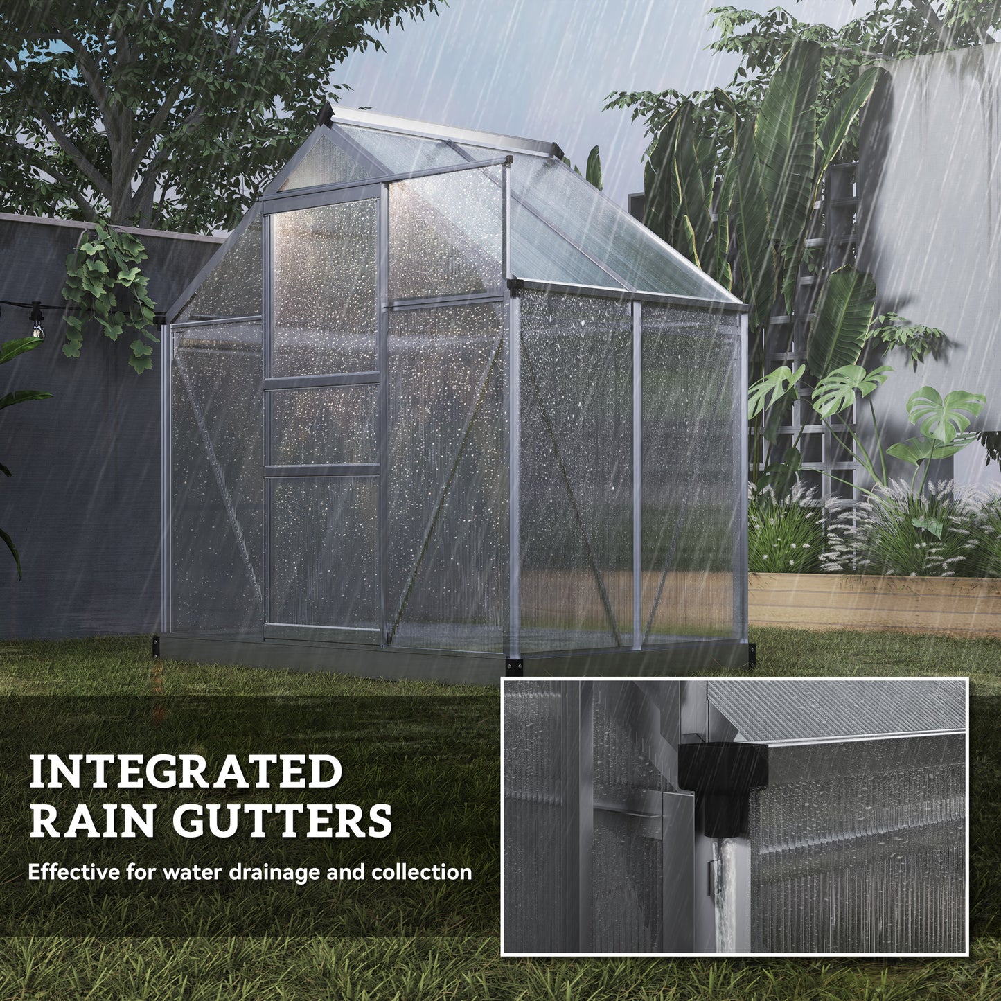 Polycarbonate Greenhouse, Large Walk-In Green House with Slide Door and Window, Aluminium Frame, 6x4ft, Silver Tone