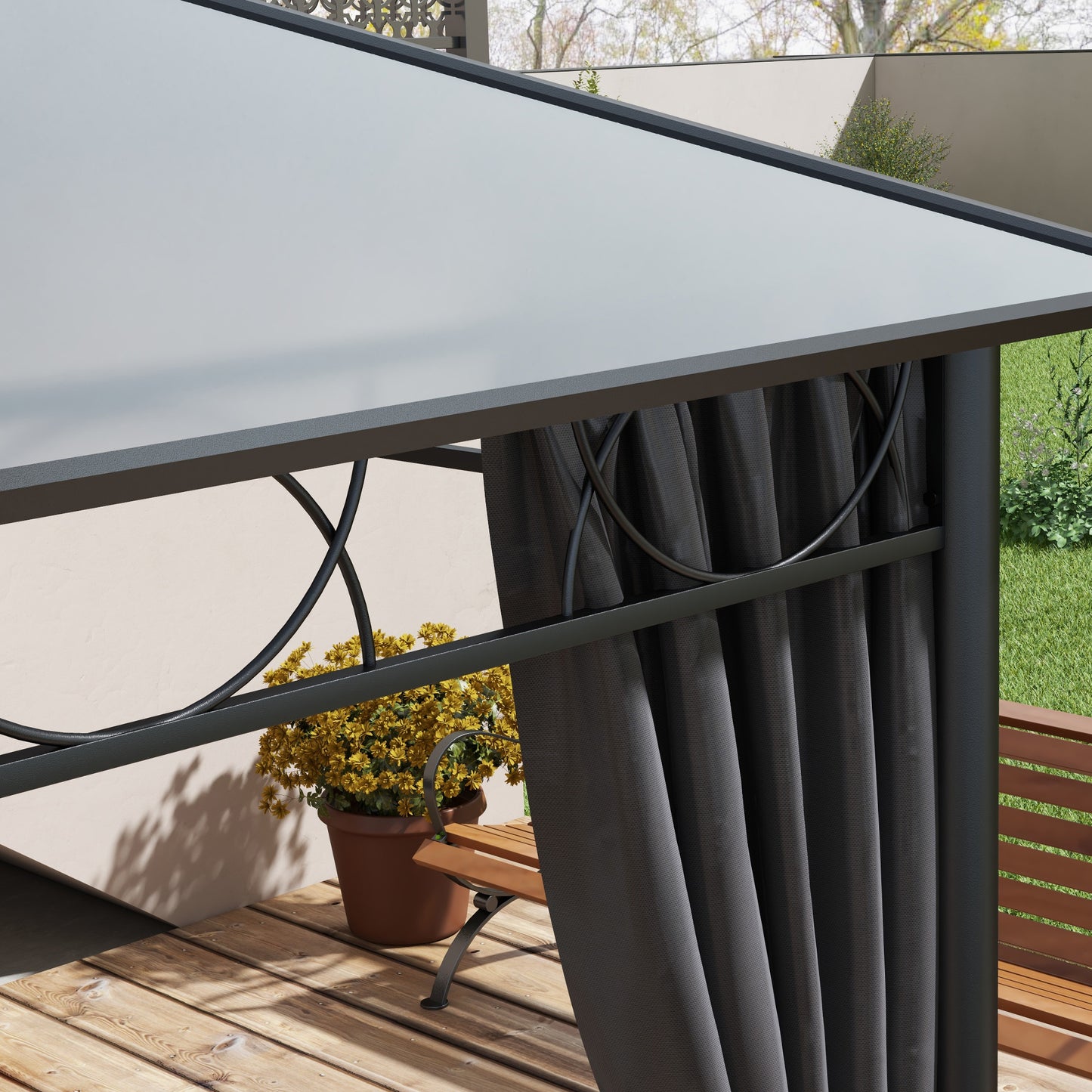 Hardtop Gazebo Garden Pavilion w/ UV Resistant Polycarbonate Roof, Curtains, Steel & Aluminium Frame, 3 x 4(m), Grey