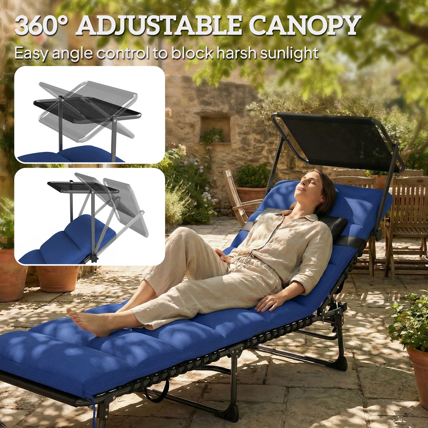 Folding Sun Lounger with Canopy, Reclining Sunbed with Cushion, Side Pocket, Carrying Handle, Dark Blue