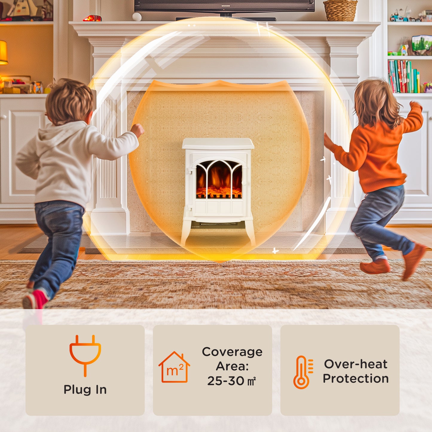 Freestanding Electric Fireplace, Electric Log Burner with LED Flame Effect, Overheating Safety System, 1000W/2000W White