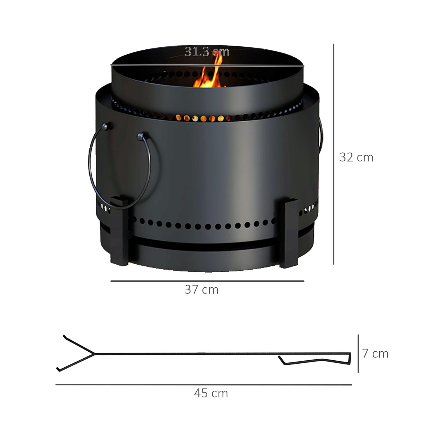 Smokeless Fire Pit with Ash Catcher, 37cm Portable Wood Burning Firepit with Poker for Garden Camping Bonfire Party, Metal