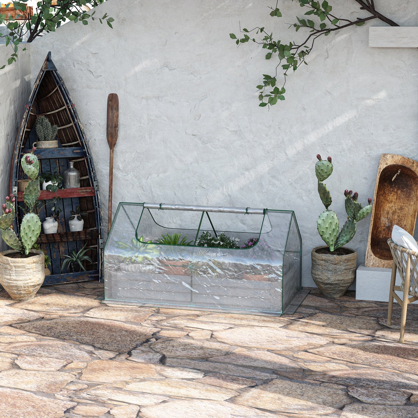 Raised Garden Bed with Greenhouse, Steel Planter Box with Plastic Cover, Roll Up Window, Dual Use for Flowers, Vegetables