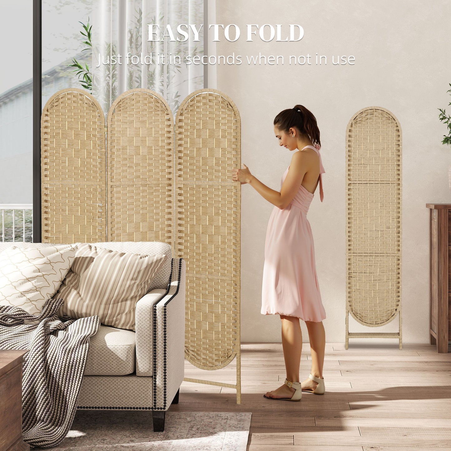 Freestanding Privacy Screen, 3 Panel Folding Room Divider for Living Room, Bedroom and Office, Natural Wood Finish