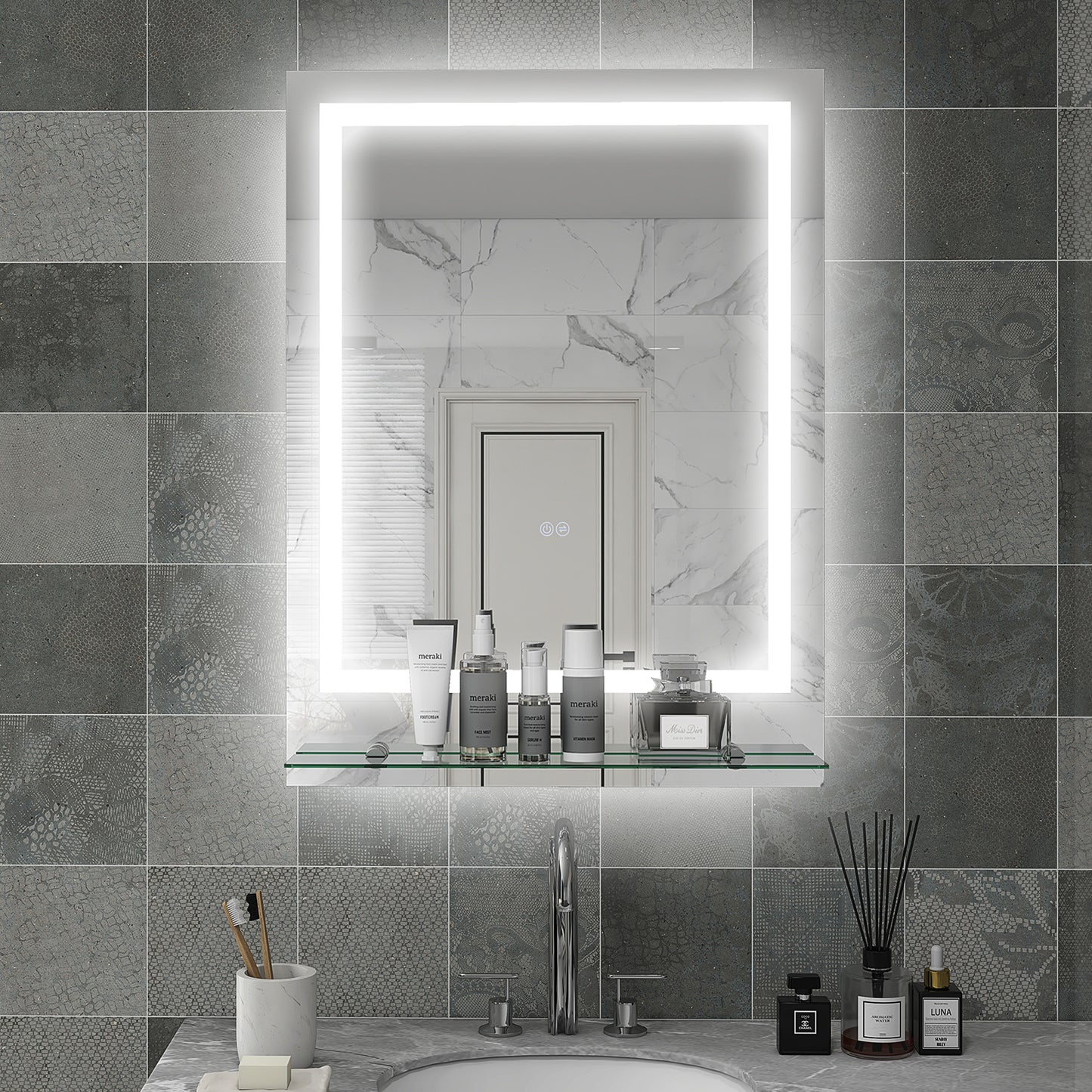 LED Bathroom Mirror with Lights and Shelf, Illuminated Makeup Mirror, Vanity Mirror with 3 Colour, Smart Touch, Anti-Fog