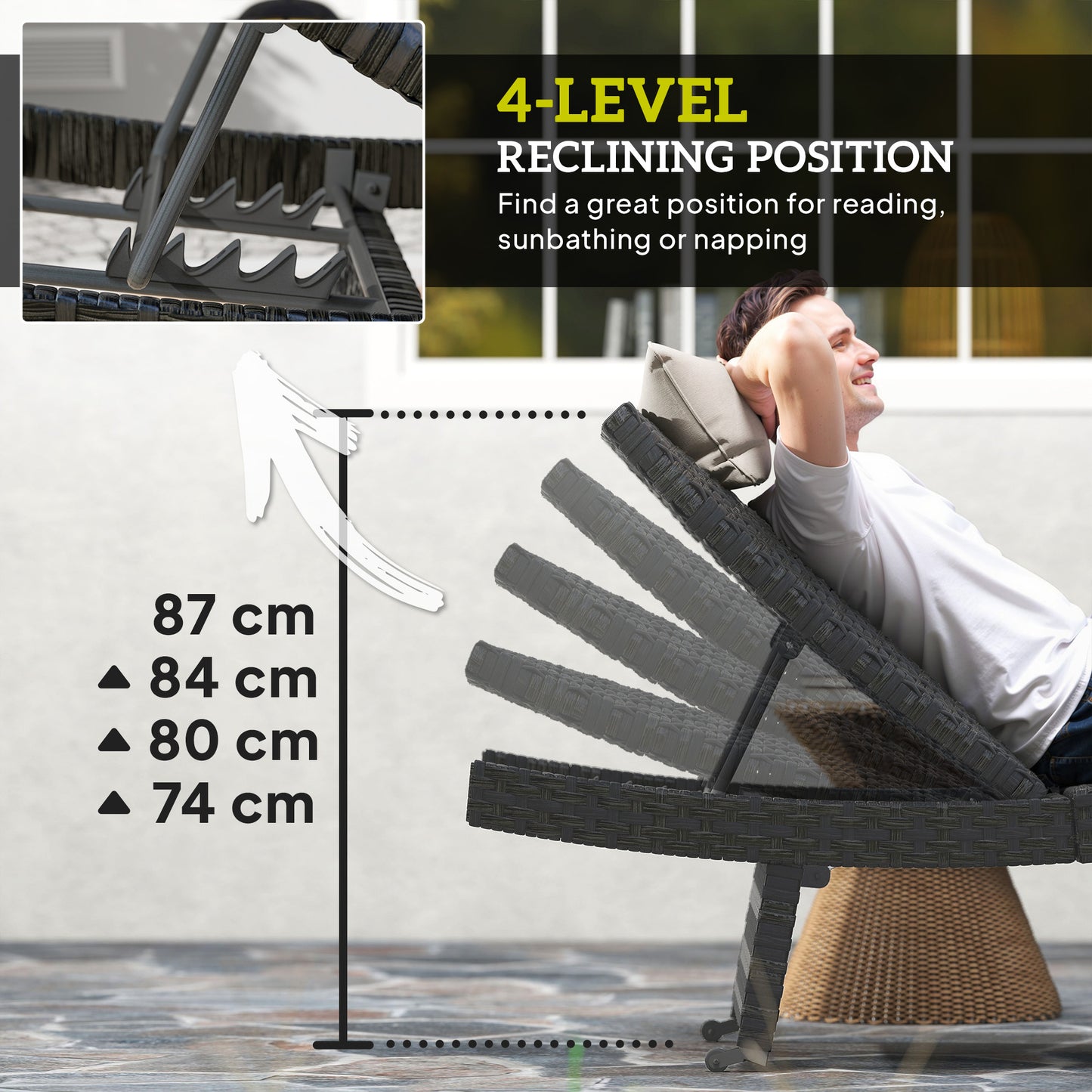 Outdoor PE Rattan Sun Lounger, Folding Wicker Garden Lounger Recliner with 4-Level Adjustable Backrest