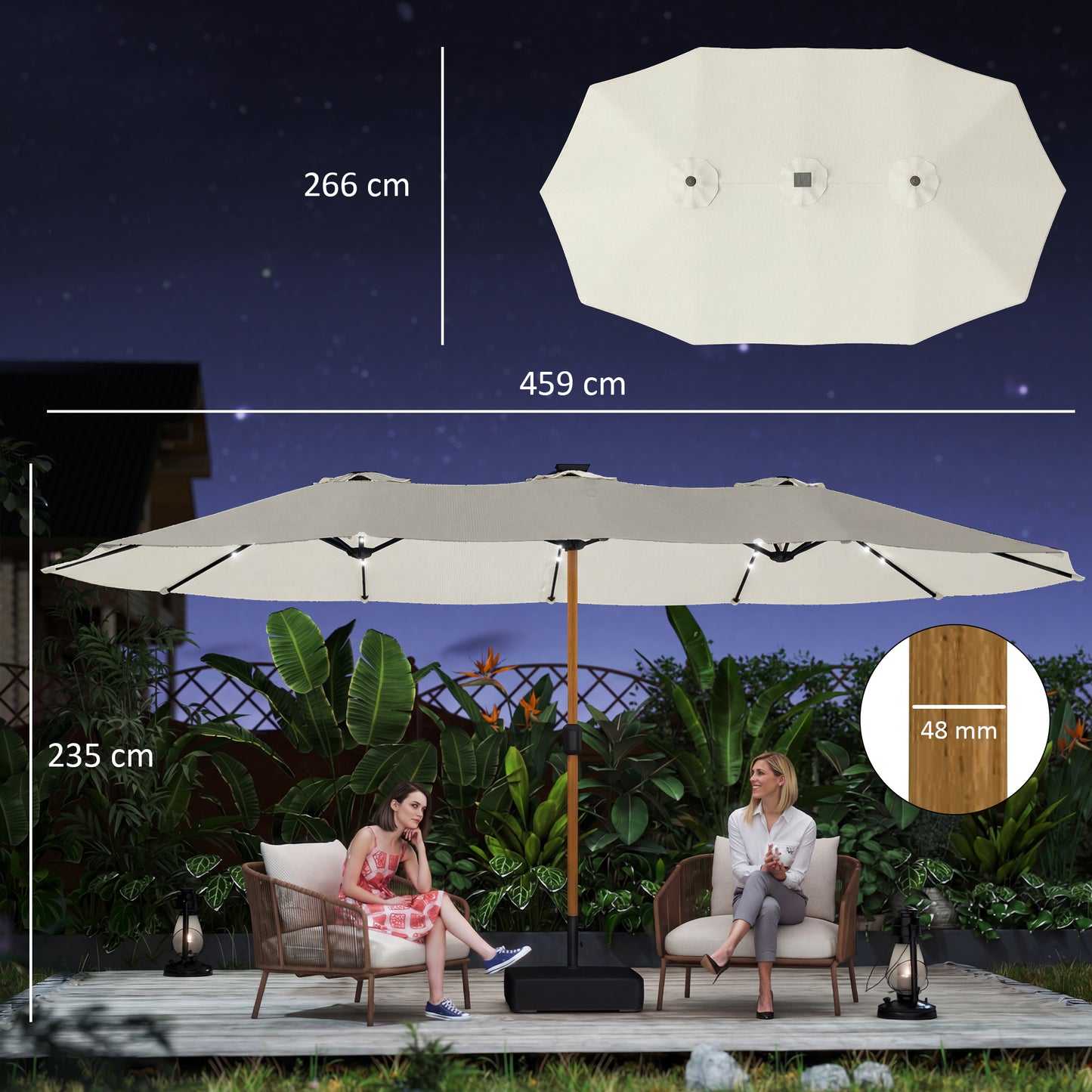 Double Sided Garden Parasol with Base Included & 48 Solar LED Lights Patio Umbrella Crank Handle 4.6m Cream White
