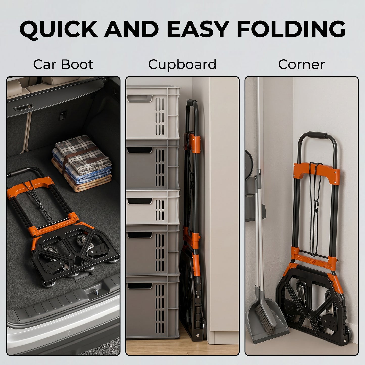 Heavy Duty Foldable Trolley on Wheels, Steel Folding Hand Truck, 75kg, Black and Orange