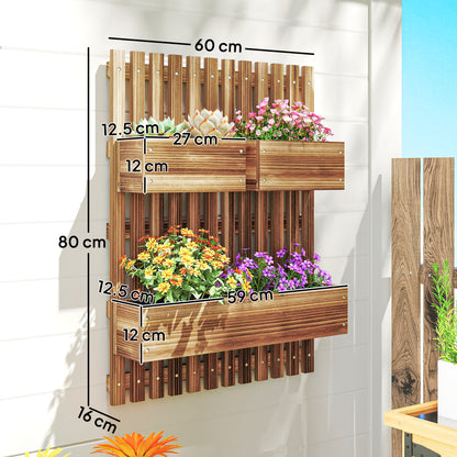 Wall-mounted Wooden Garden Planters with Trellis, Drainage Holes and 3 Planter Boxes for Patio, Carbonised