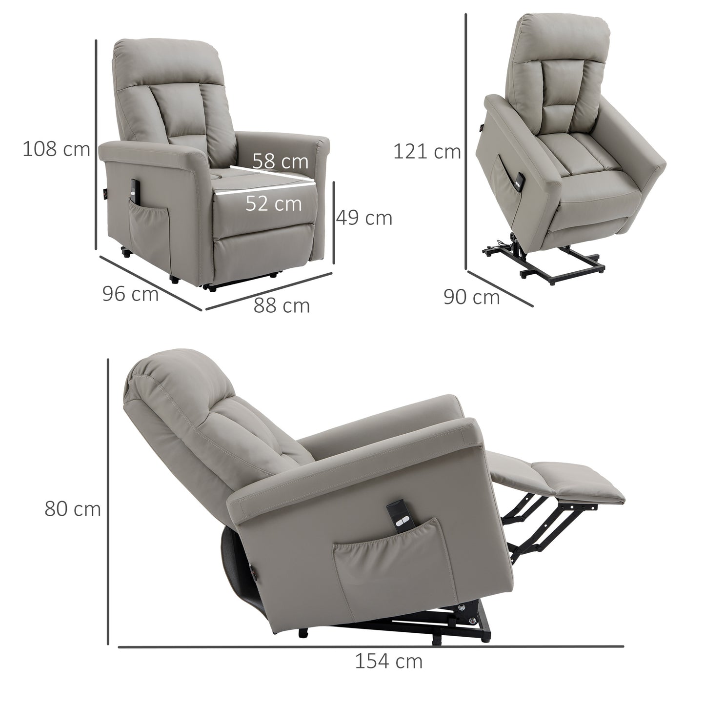 Power Lift Chair Armchair for the Elderly, PU Leather Recliner Chair with Extended Footrest, Remote Control and Side Pocket