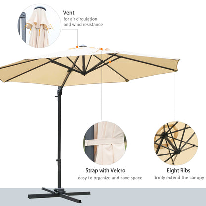Round Umbrella Parasol with Tilt 360° Rotation and Hand Crank Cross Base - Beige