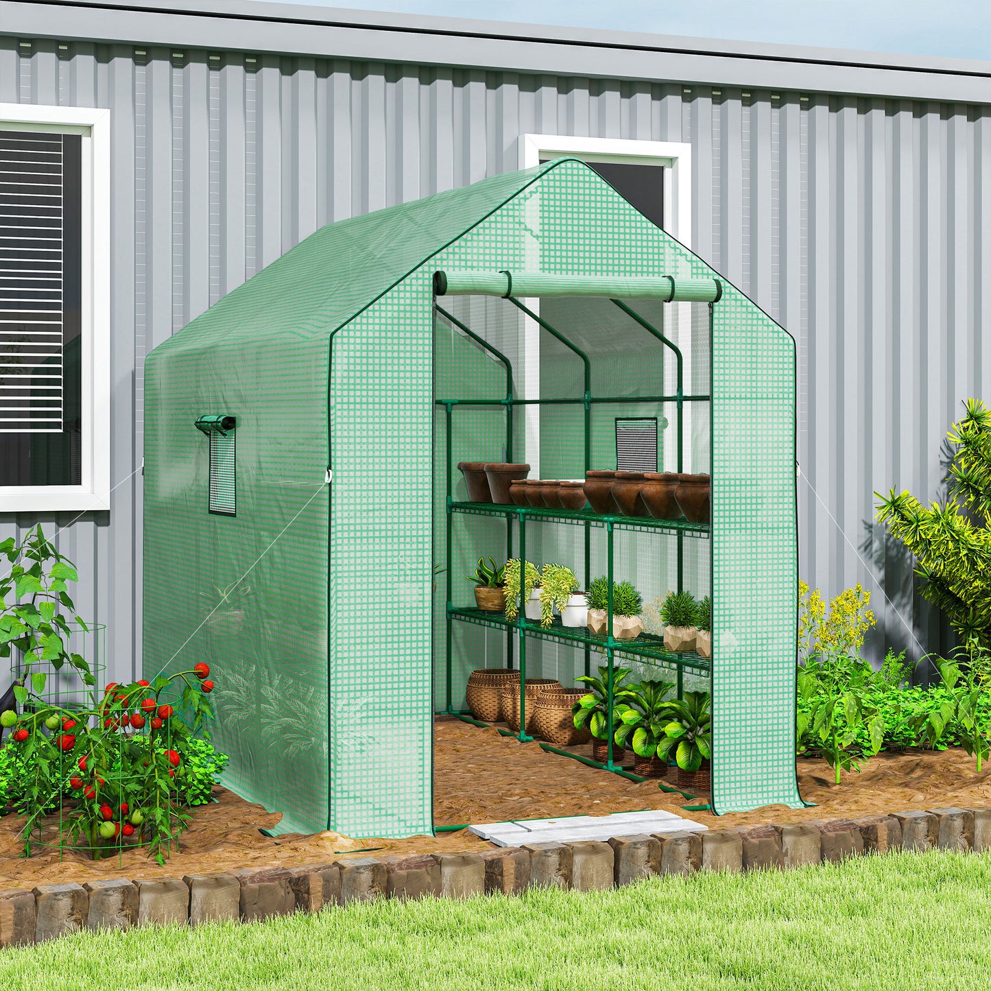 Walk-in Greenhouse with 3 Tier 12 Shelves, Small Greenhouse with Reinforced PE Cover